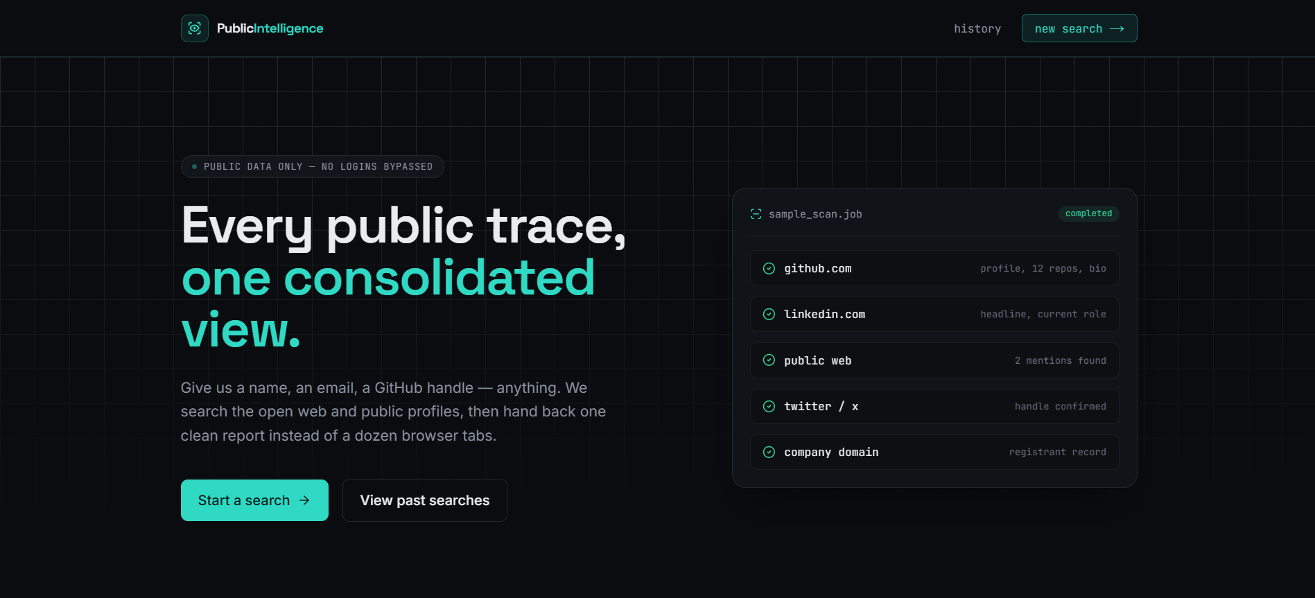 Public Intelligence landing page with the project headline and an illustrative scan panel