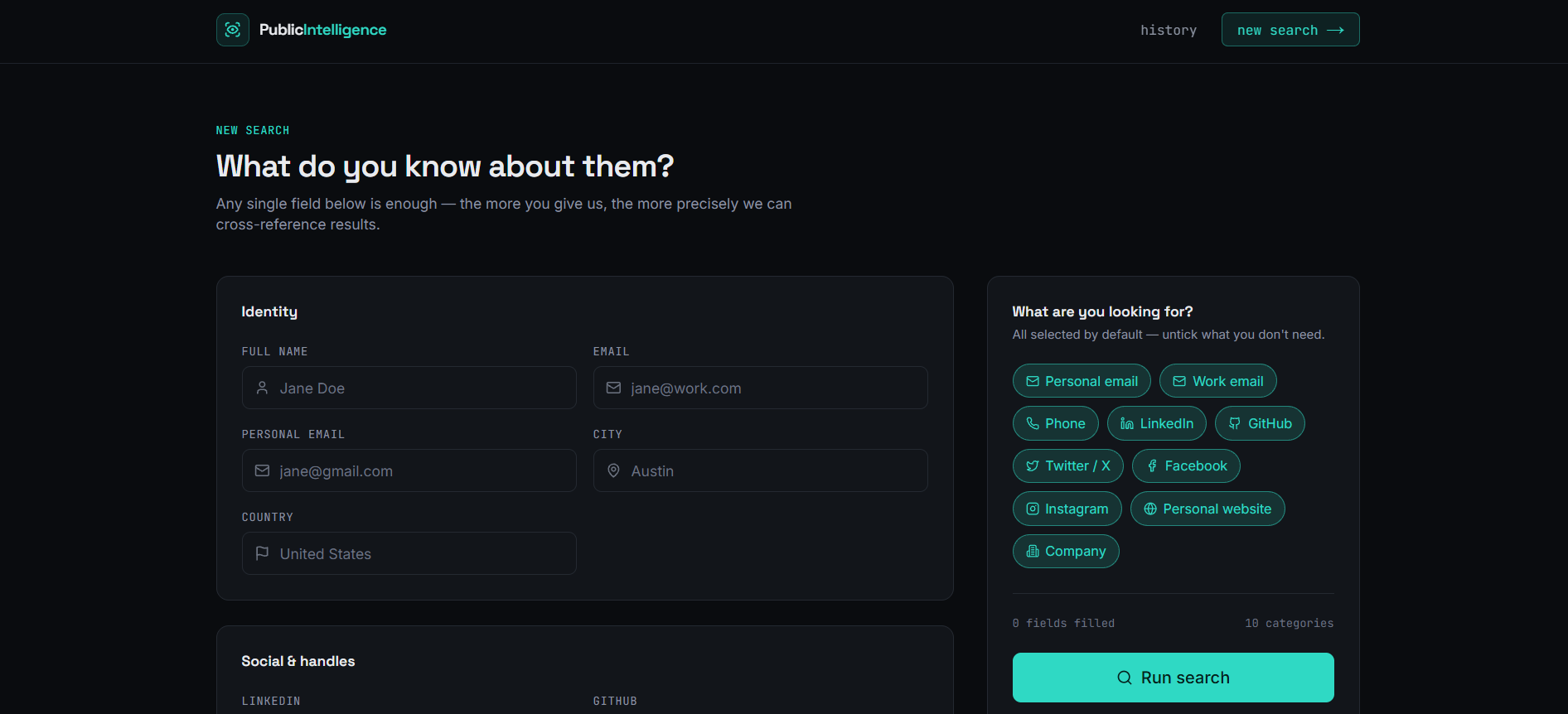 Public Intelligence search form with identity inputs and selectable result categories